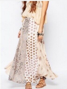 Free People Amazing Technicolor Patchwork Maxi Skirt Boho Cream Rayon SZ 8